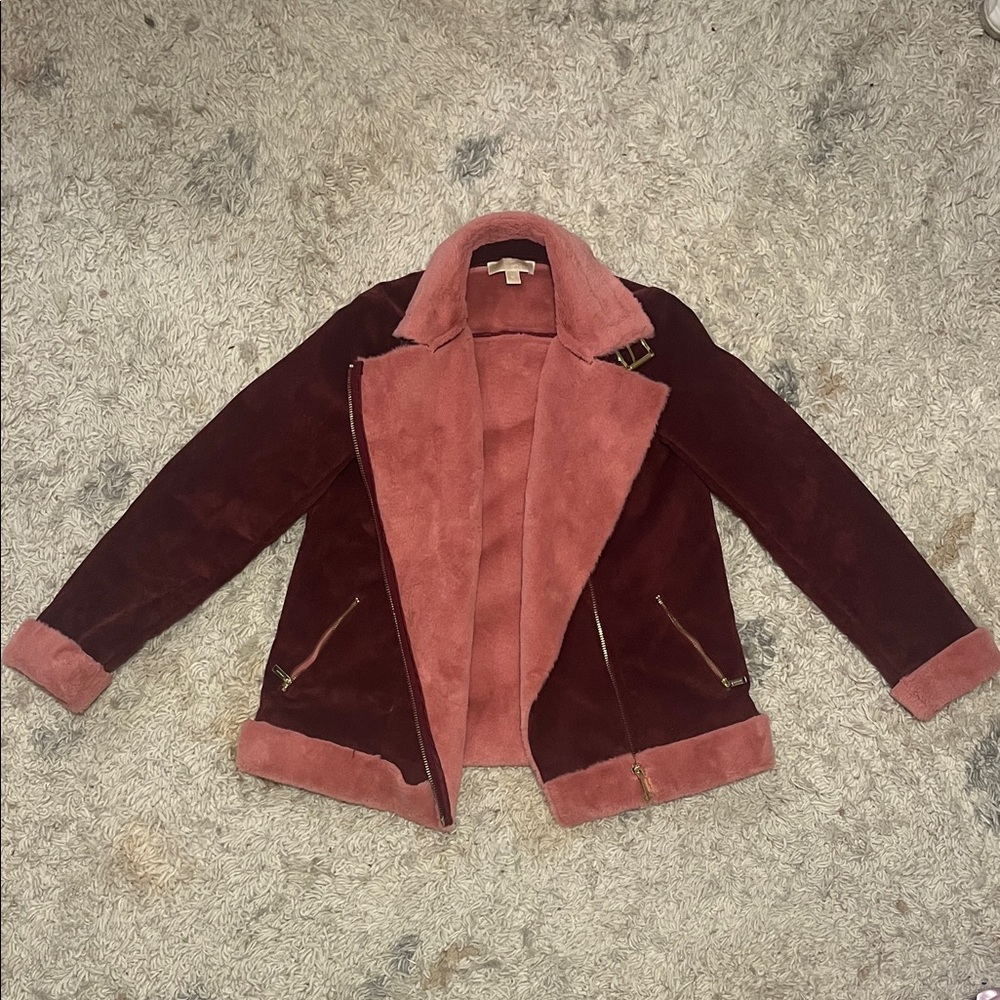 MICHAEL Michael Kors Burgundy and Pink Velvet Biker Jacket